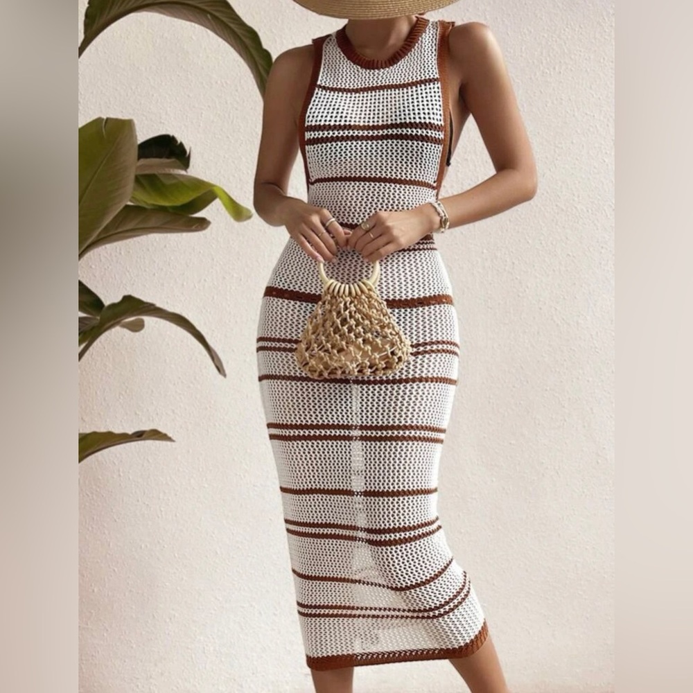 Striped Pattern Pointelle Knit Cover Up Dress, Sz:4
